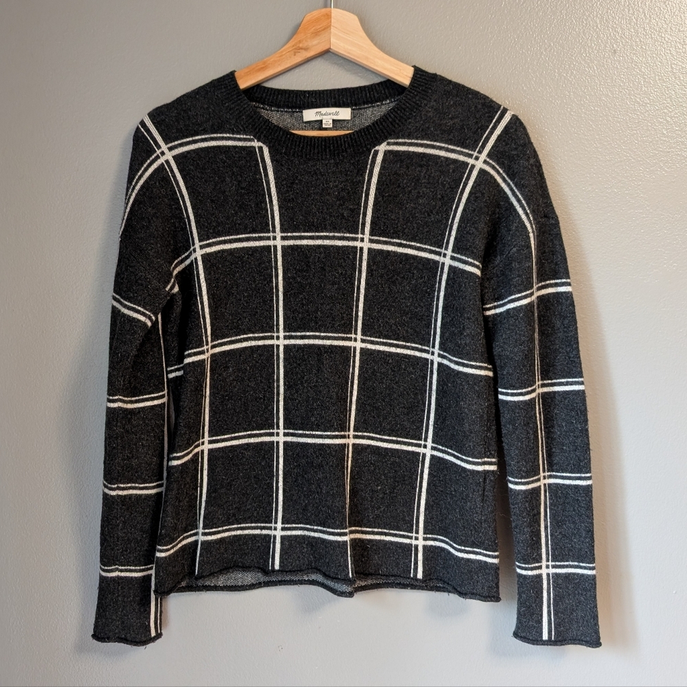 Madewell XS Dark Gray White Check Long Sleeve Crew Neck Wool Blend Sweater